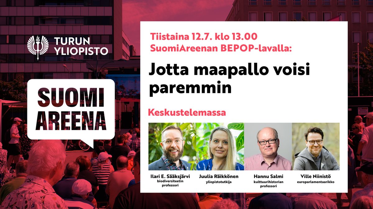 UniTurku's tweet image. Uutiset maapallon tilasta ovat hälyttäviä, mutta me voimme vielä kääntää suunnan. @SuomiAreena BEPOP-lava ti 12.7. klo 13 elämänsuojelusta keskustelemassa @ilarisaaksjarvi ja @hannusalmi, @juuraikko &amp;amp;  @VilleNiinisto. Hae paikalta oma kesäluontobingosi! @SBiodiful #luonnonsuojelu