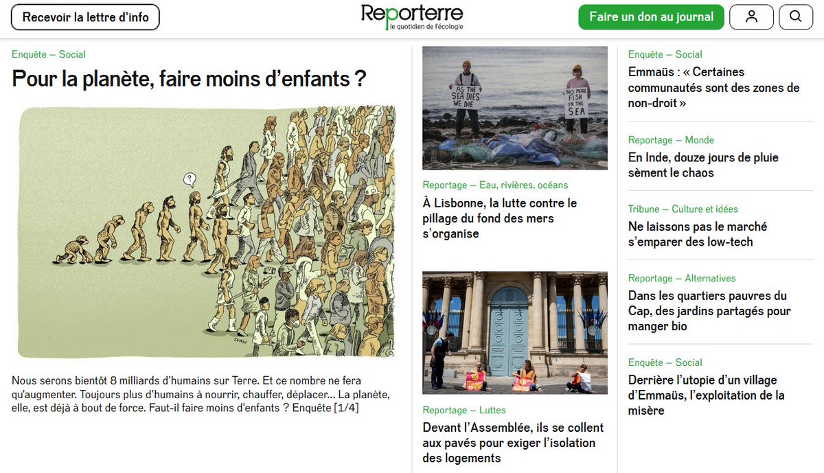 Reporterre's tweet photo. 📰Sur @Reporterre aujourd'hui : 

1⃣ Première partie de notre enquête sur la démographie

2⃣ À Lisbonne, la lutte contre le pillage du fond des mers s’organise par @chloesartena 

3⃣ Action militante par @derniere_renov , article de @arkokabi et photos de @KrthAnna https://t.co/ZIRPX0Q86g