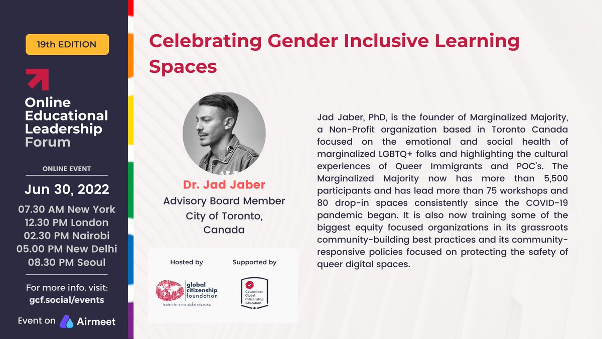 CitizenshipFund's tweet photo. Jad Jaber, Ph.D. (Advisory Board Member, City of Toronto) will join us at our 19th #OELF #PanelDiscussion.
Register today to gain valuable insights from his expertise in social and gender #inclusion.
https://t.co/JFuwhBoT6D https://t.co/nlbvPwU30A