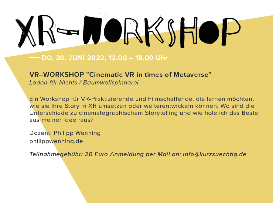 GamesXRMD's tweet photo. Heute startet das 19. #Kurzsüchtig Kurzfilmfestival📽️Neben Filmen gibt es auch XR-Experiences zu entdecken. Mit dabei sind u.a. Projekte unserer Mitglieder @ovrlab &amp; @heartucate
Außerdem gibt es einen XR-Workshop &amp; ein Panel
🎬Zum Programm: https://t.co/553oewTs0I  @kurzsuechtig https://t.co/k1rnnplIn9