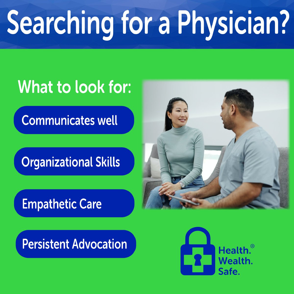 HWSapp's tweet photo. What do you look for in a #physician? It's important to find the right person to take care of your #healthcare needs.
#health #healthwealthsafe #medicalrecordsbank #telehealth #rpm #rtm #ccm #doctors #wellness https://t.co/L9vGjHH8N8