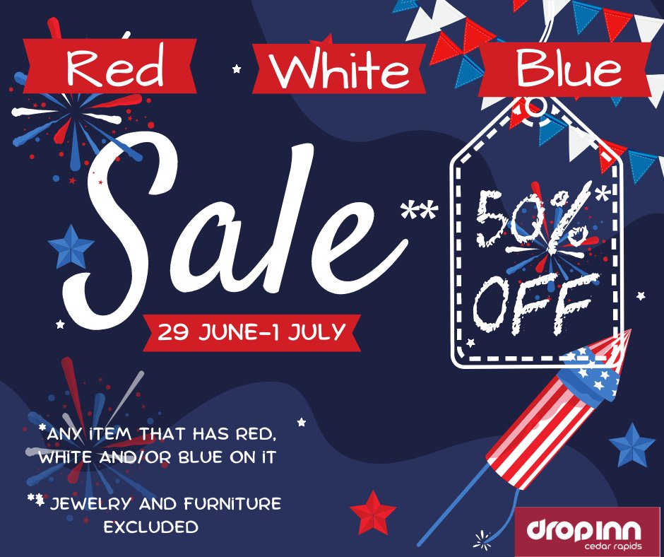 Independence's Day Sale!!!!
Is an item has red, white or/and blue is 50% off*!!!

#dropinncr 
#thrifting 
#HopeHelpHealing 
#blessingreaction
