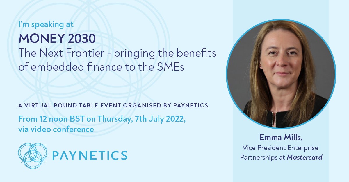 Do you want to hear how <a href="/MastercardUK/">MastercardUK</a> is helping to bring the benefits of embedded finance to SMEs? Then sign-up for our next webinar on 7th July, featuring our own <a href="/MikeDPeplow/">Mike Peplow</a>, and speakers from <a href="/AccentureUK/">AccentureUK</a> and DNA Payments too #fintech #SmallBusiness bit.ly/3I3lMgN