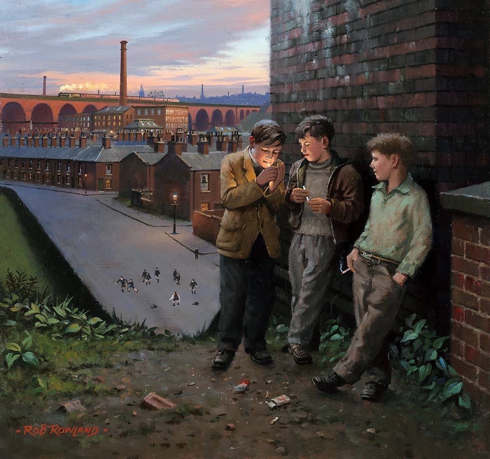I haven’t seen this before. Rob Rowland He’s a favourite railway artist of mine. This is why. We learn about the street houses the football playing lads. The train in the distance and the naughty boys smoking. The light on the boy lightning his fag and the stance of them. Fab