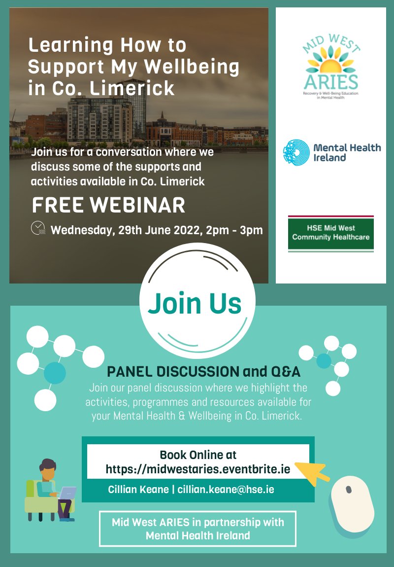 Webinar today at 2pm Learning How to Support my Wellbeing in Co. Limerick The panel will include reps from Limerick Sports Partnership, Limerick Mental Health Association, and Grow.  The discussion will highlight the activities programmes &amp; resources for wellbeing in Co. Limerick