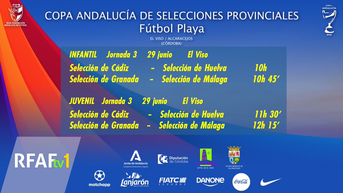 ⚽️ ¡Vamos a por un nuevo día lleno de fútbol playa!

Y para eso compartimos con vosotros los partidos que viviremos esta mañana en el Campo de Fútbol Playa de La Colada durante la Copa Andalucía de Selecciones Provinciales en categorías infantil y juvenil.