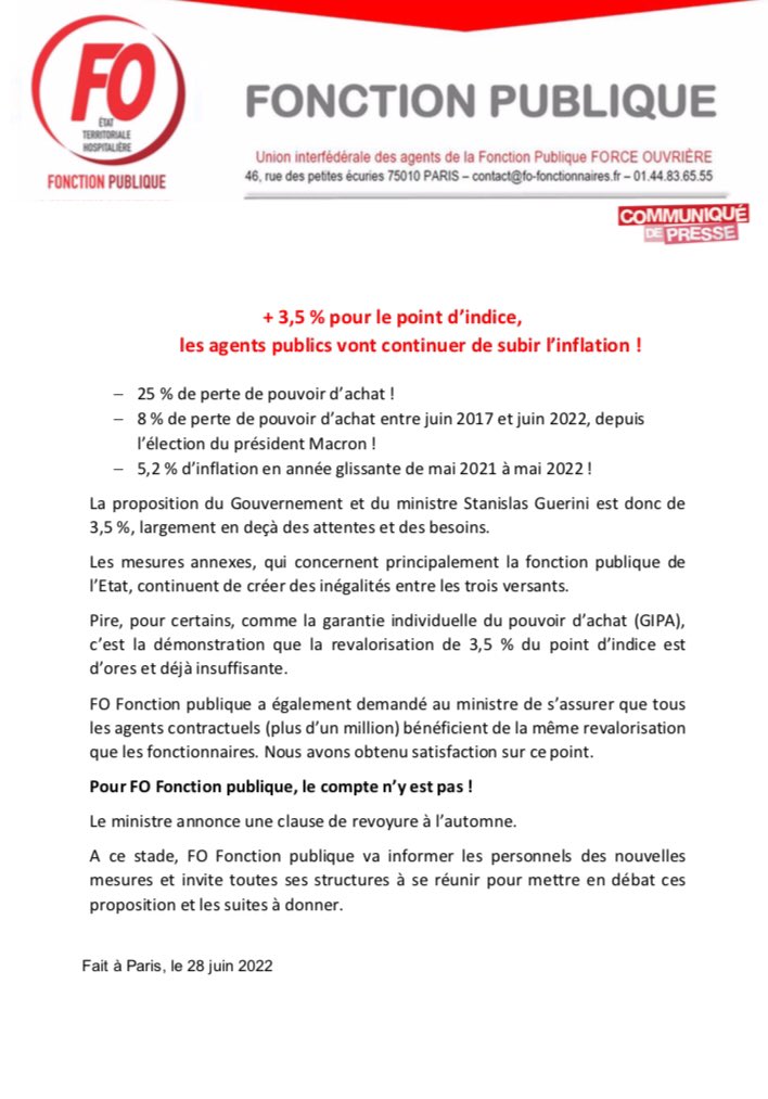 + 3,5 % pour le point d’indice, les agents publics vont continuer de subir l’inflation ! Pour FO Fonction publique, le compte n’y est pas !