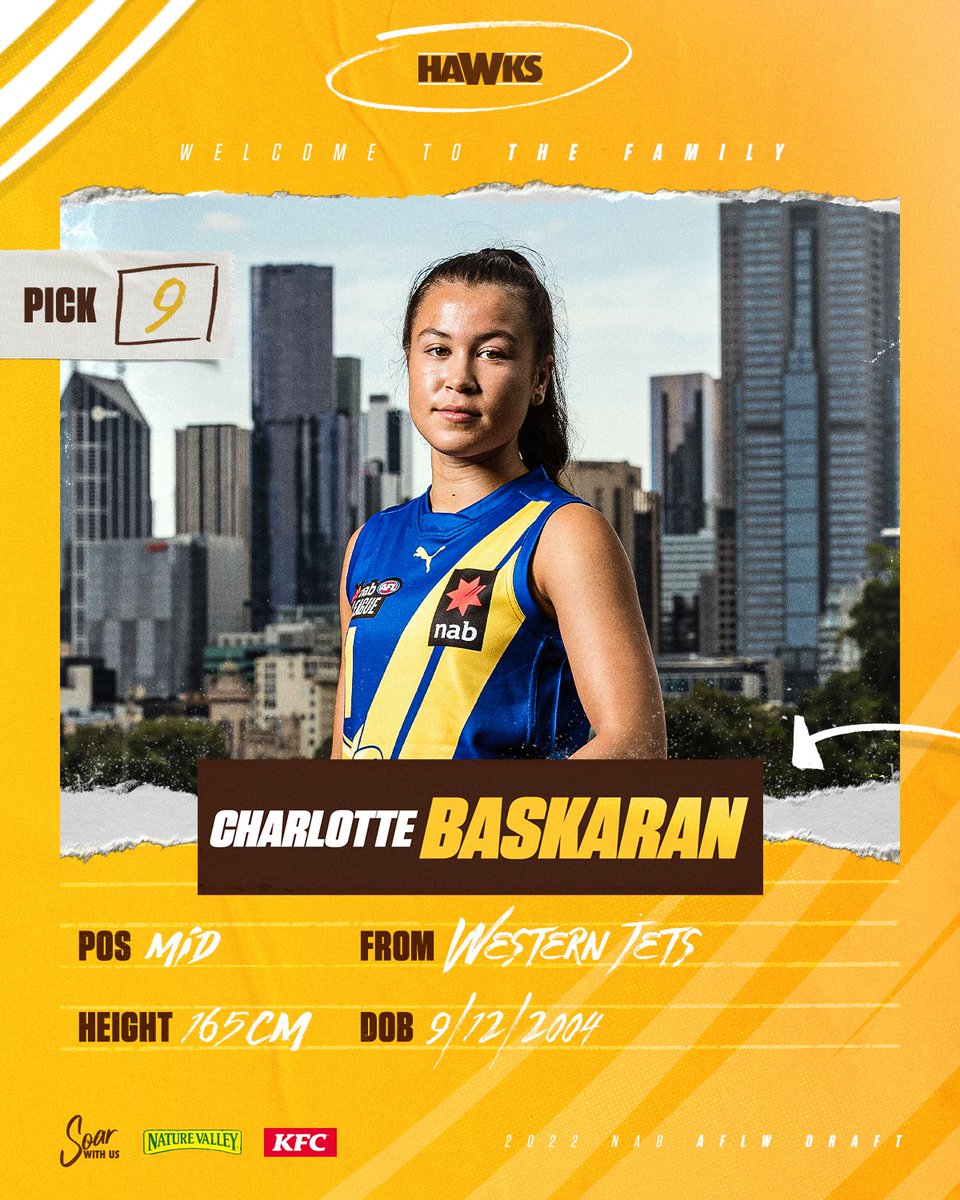A midfielder who averaged some ridiculous NAB League Girls numbers. 🤯

We can’t wait to see Western Jets premiership captain Charlotte Baskaran in the brown and gold! 🤩

#AFLWDraft
