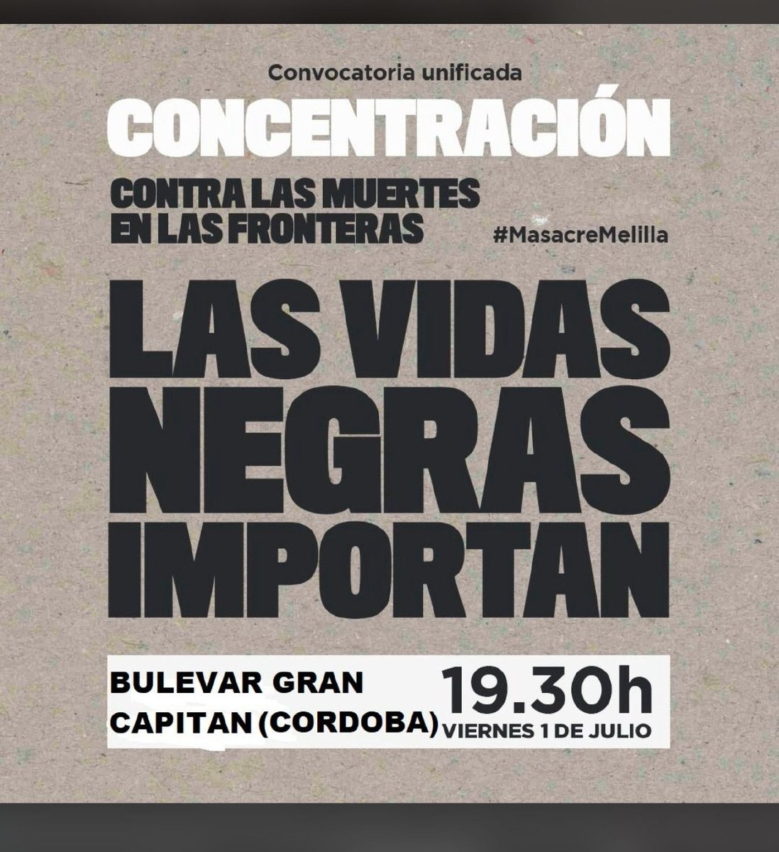 ¡¡Nueva actividad en la Agenda Solidaria de Córdoba!!

🔴Concentración contra los muertos en las fronteras. Las vidas negras importan🔴
📅 Viernes 1 julio
⏰19:30h
📍Bulevar Gran Capitán
ℹ️ cutt.ly/PKJ9n2r
Organización unificada internacional #cordoba #cordobaespaña