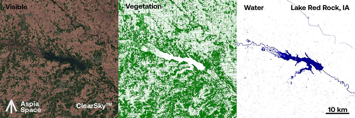 ClearSky predicts full spectrum (~400-2300nm) imagery. This allows us to generate products such as the Normalised Difference Vegetation or Water Index. In fact, you can analyse ClearSky imagery in exactly the same manner as 'direct' imagery. #NVIDIAInception #EarthObservation #AI