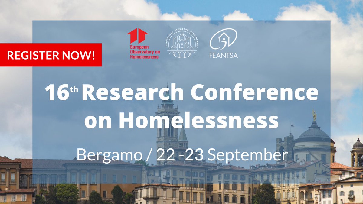 FEANTSA's tweet photo. Do you want to get insight into research on #homelessness in Europe ❓

🏘️ Then make sure to register for the 16th European Research Conference on Homelessness. It will take place in Bergamo, Italy, on 22 and 23 September 2022.

📝 Register here: https://t.co/0VJw3QzgiT https://t.co/uEYpkbsmrc