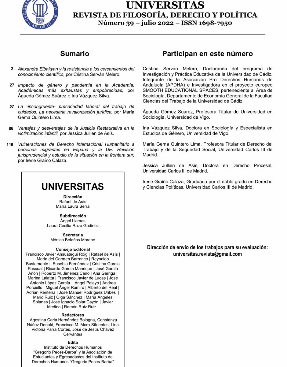 🆕Publicado el Número 3️⃣9️⃣ de la <a href="/RevUniversitas/">Revista UNIVERSITAS</a>!
🗓 #Julio2022 
💻 Descarga aquí ↩️
e-revistas.uc3m.es/index.php/UNIV…