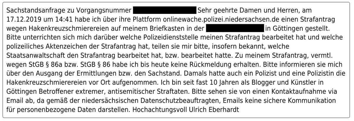 Herr Eberhardt hat gestern drei Sachstandsanfragen an #Polizei in #Göttingen gerichtet, darunter eine wegen #Hakenkreuz-Schmiererei aus 2019 an seiner Wohnung

NeoNazis hatten 2017 und 2019 bei ihm vorm Haus mit Polizeischutz demonstriert.  hirtlitschka.de/2022/06/28/3-s… #Polizeiproblem