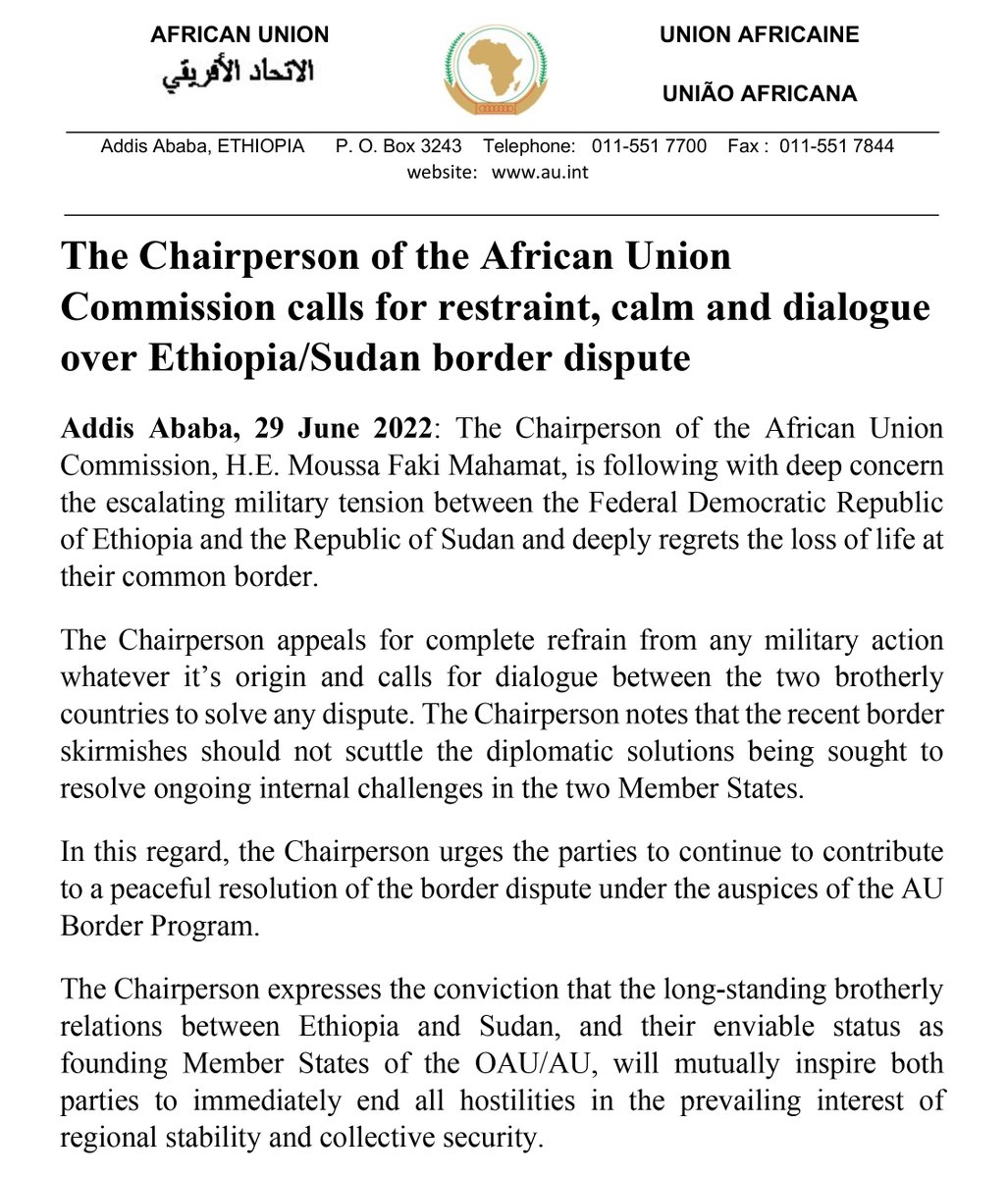 _AfricanUnion's tweet photo. The Chairperson of the African Union Commission calls for restraint, calm and dialogue over Ethiopia/Sudan border dispute : https://t.co/tXJNNWEjGC https://t.co/yfha4fz2LU