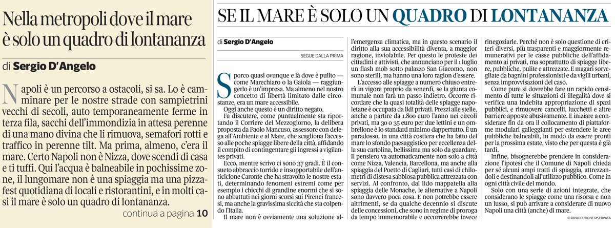 Il mio editoriale sul mare negato uscito oggi sul Corriere del Mezzogiorno, con l'invito ad acquistare il giornale in edicola
