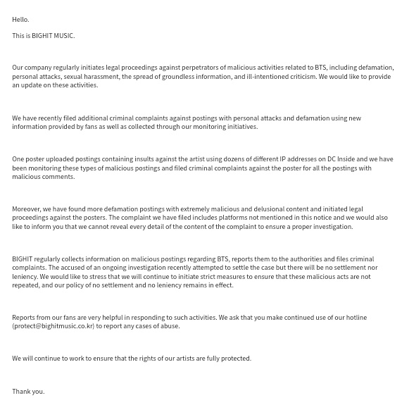 BIGHIT llevará a la corte a las personas que propaguen odio contra BTS