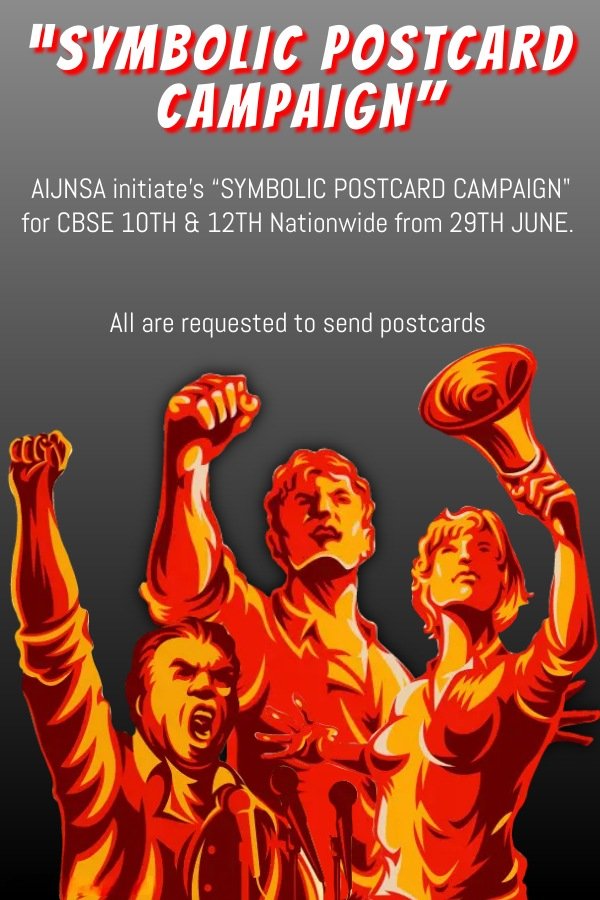 AIJNSA_official's tweet photo. AIJNSA initiate's “SYMBOLIC POSTCARD CAMPAIGN" for CBSE STUDENTS Nationwide from 29TH JUNE. 

All are requested to send postcards (available in all post-offices) to CBSE HQ &amp; MINISTRY.

After sending send us the photos we will amplify it further.

#JusticeForCBSEstudents2022 https://t.co/ufDRtbyRJB