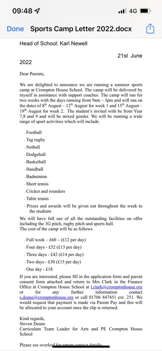 Please find details of our summer sports camp for 7,8,9. 

If you are interested, please fill in the application form attached and return to Mrs Clark in the Finance Office at Crompton House School or for any further information contact s.deane@cromptonhouse.org