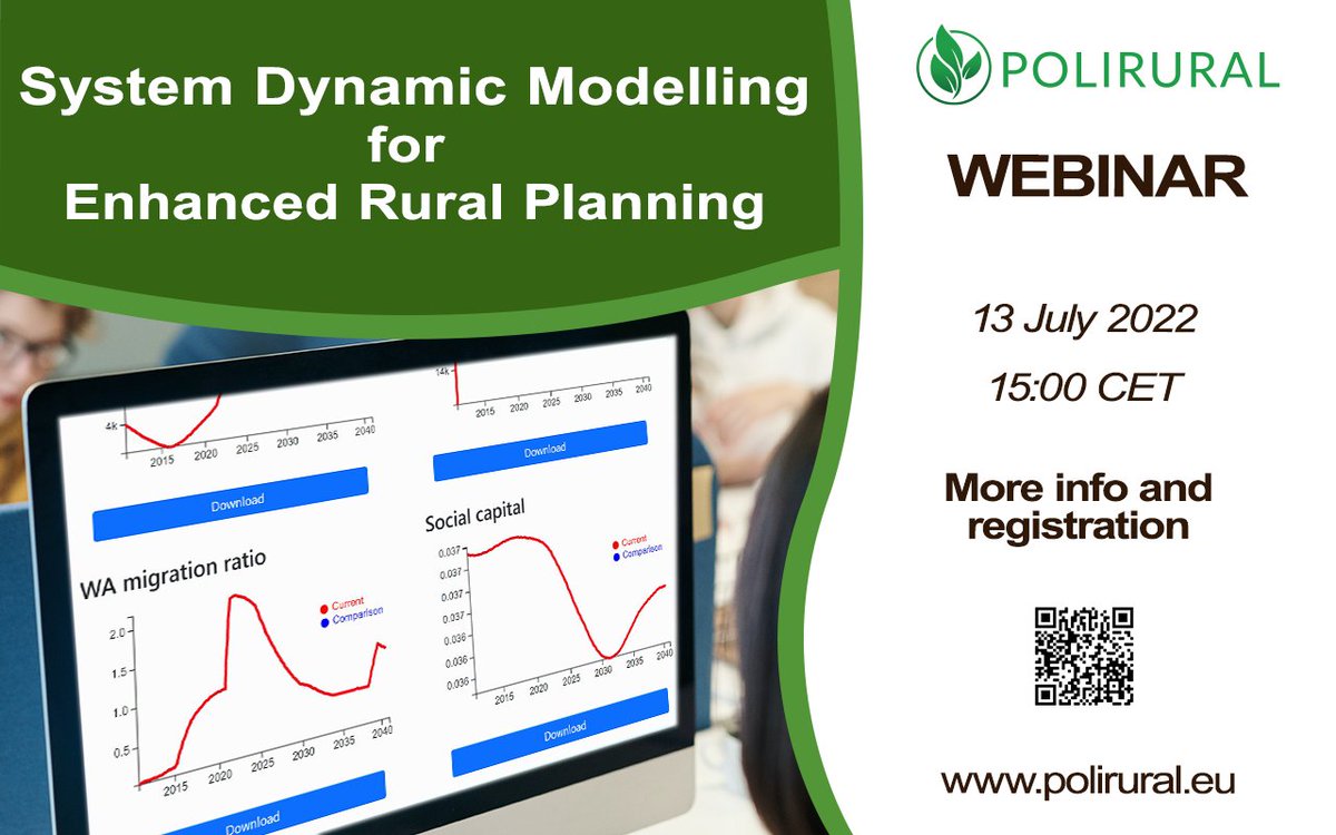 📢Registration is open for <a href="/PoliRural_H2020/">PoliRural</a> third 𝐖𝐞𝐛𝐢𝐧𝐚𝐫❕🧑‍💻👩‍💻

It will be dedicated to 𝗦𝘆𝘀𝘁𝗲𝗺 𝗗𝘆𝗻𝗮𝗺𝗶𝗰 𝗠𝗼𝗱𝗲𝗹𝗹𝗶𝗻𝗴 𝗳𝗼𝗿 𝗘𝗻𝗵𝗮𝗻𝗰𝗲𝗱 𝗥𝘂𝗿𝗮𝗹 𝗣𝗹𝗮𝗻𝗻𝗶𝗻𝗴.📊📈🌄

🗓️13 July, 15:00 CET
➡️Register here: shorturl.at/oyAES