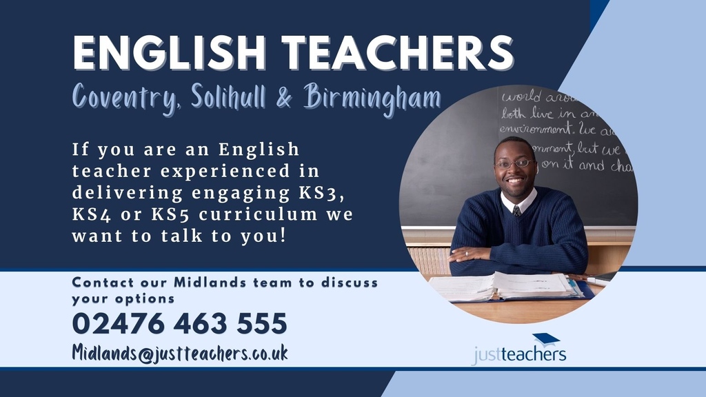 test Twitter Media - We have English positions available across Coventry, Solihull and Birmingham.

Contact our Midlands branch to find out more - 02476 463 555 or email Midlands@justteachers.co.uk

#English #EnglishTeacher #Teacher #Coventry #Solihull #Birmingham #Secondary #School #GCSE #ALevel https://t.co/0ijrV8rTY9
