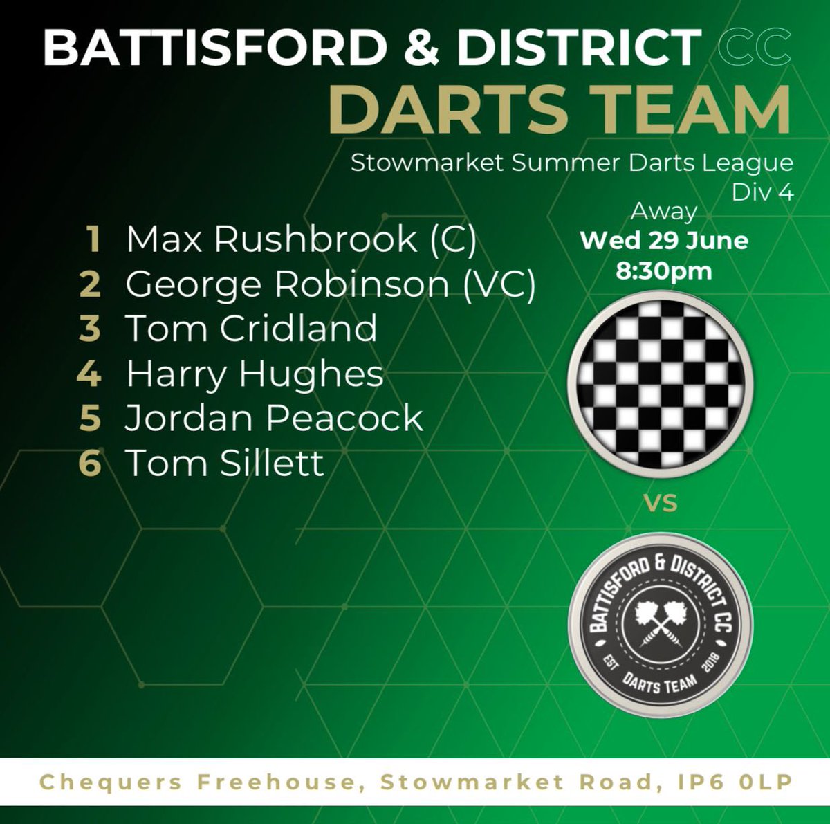 It’s league action tonight as we head to face top of the table side Great Blakenham Chequers. Will be a tough match but as always looking forward to a good night of darts 🎯 #uppatrees  🌳 #darts