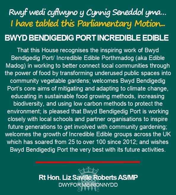 LSRPlaid's tweet photo. Rwyf wedi cyflwyno y Cynnig Seneddol yma i nodi gwaith da @IncEdNetwork #Porthmadog i gysylltu cymunedau trwy bŵer bwyd trwy drawsnewid mannau cyhoeddus nad ydynt yn cael eu defnyddio i hybiau cymunedol. 

🔗 https://t.co/cXKOPjnNah

#BwydBendigedigPort 
 🌽🥬🥕🥔🌻👨🏻‍🌾👩🏻‍🌾 https://t.co/E7JuowX2BS