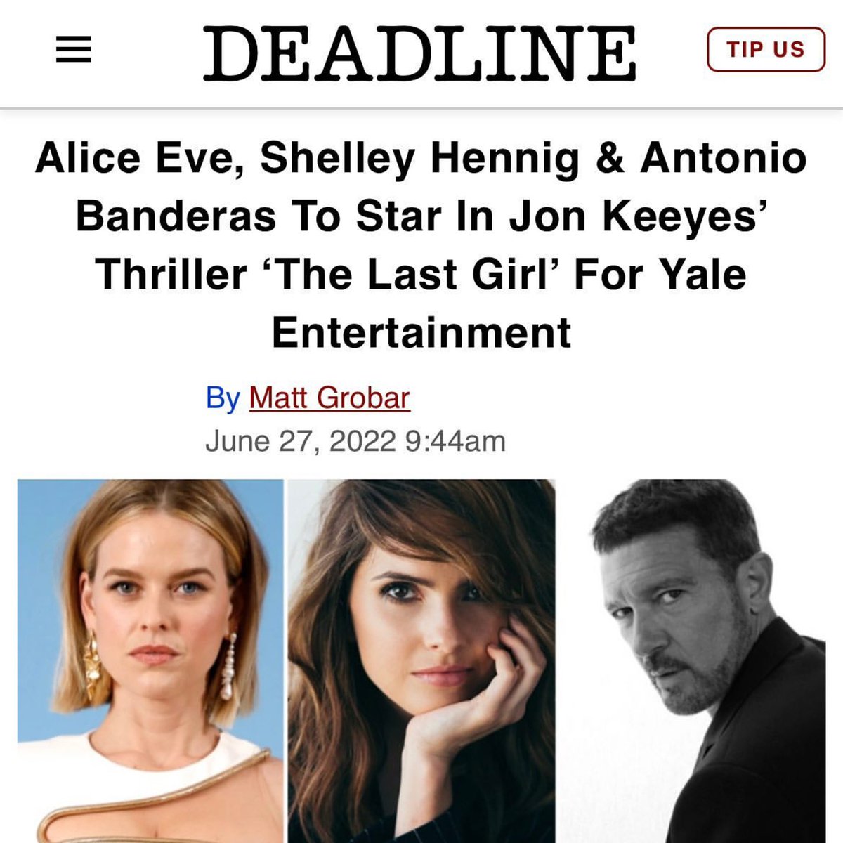 After a shooting in Ireland, 🇮🇪 I introduced you a new project 
👉 The last Girl.

deadline.com/2022/06/alice-…

#ireland #TheLastGirl #thriller #movie #aliceeve #shelleyhennig #jonkeeyes