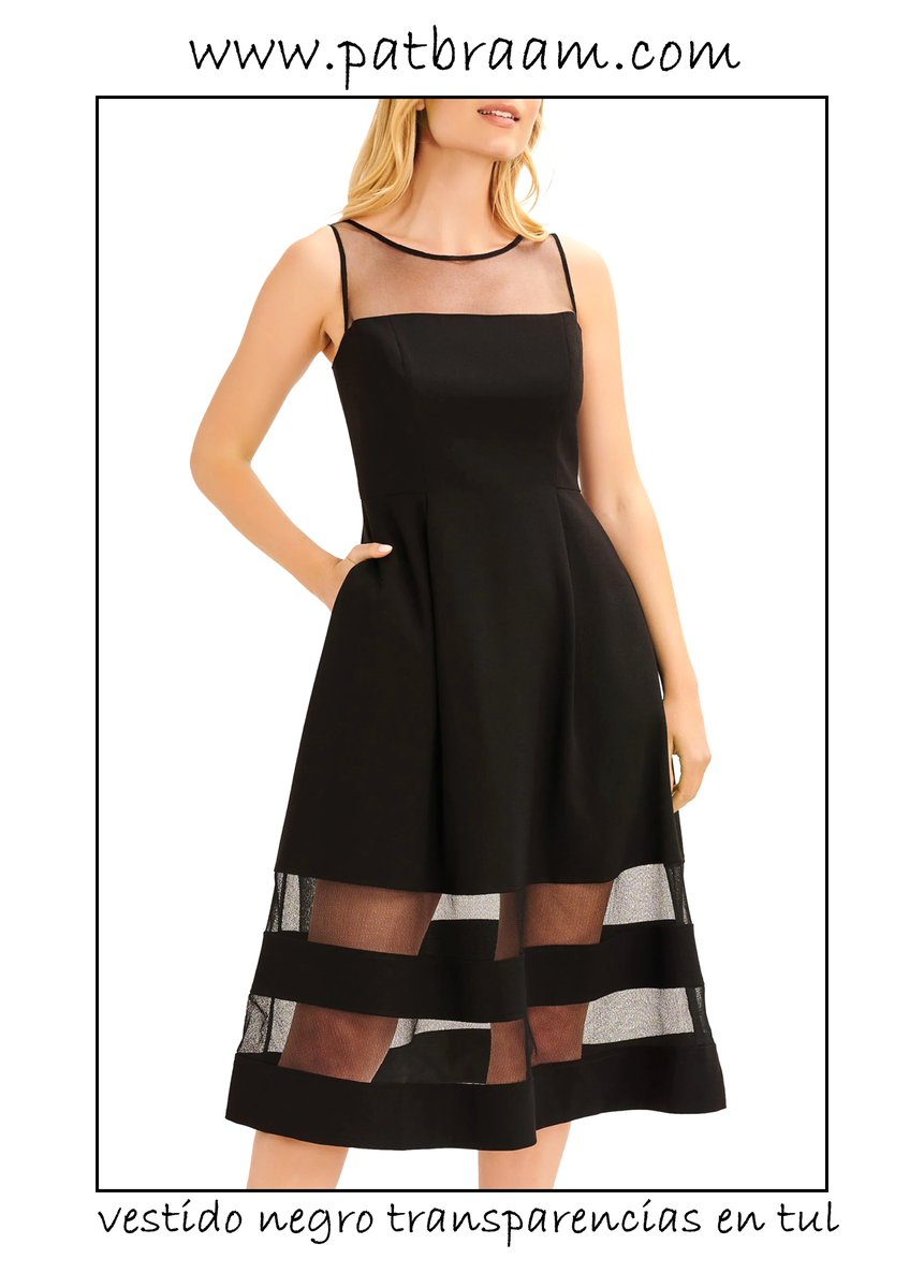 Vestido Negro con transparencias en Tul, diseño romántico con cintura ajustada y falda de vuelo, sin mangas y cierre invisible, confeccionado a medida en crepé satinado.
patbraam.com/vestidos-corto…