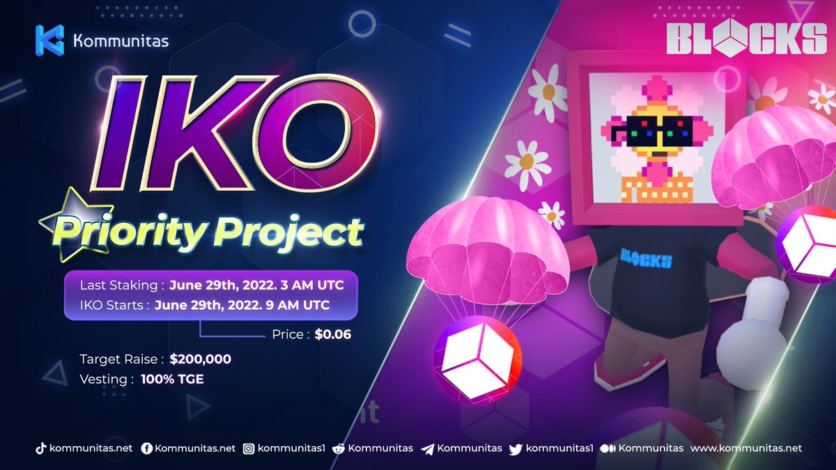 🧵🔴 @join_blocks #IKO is LIVE on #Kommunitas !

✅ Access: Public
💵 Price: $0.06
💰 Total public allocation: 200,000 USDC
🚀 Initial Market Cap: $800,000

➡️ Participate here: launchpad.kommunitas.net/pool/BLOCKS/Pu…