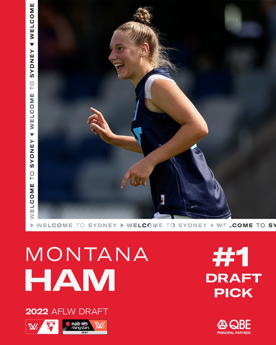ROUND 1, PICK 1

We've drafted Montana Ham with the FIRST pick of the 2022 NAB #AFLWDraft, and first in our club's 148-year history 🥳 #Bloods

📝sydneyswans.com.au/news/1160114/a…