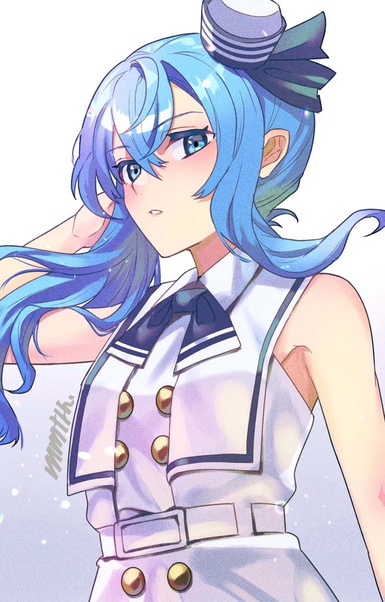 hoshimachi suisei 1girl solo blue hair blue eyes hat parted lips sleeveless  illustration images