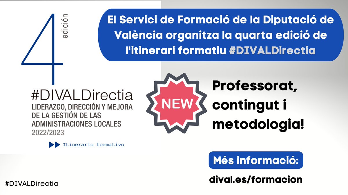 formacioDIVAL's tweet photo. 🙋♂️ Bon dia! Vos recordem que està OBERT el procés d'inscripció per a:
✅ 4ª edició #DIVALDirectia: https://t.co/Qk010nDj4Y
✅ 3ª edició #DIVALData: https://t.co/7m1wfMQ966
✅ Pla Agrupat de Formació Contínua 2022 de la @dipvalencia: https://t.co/w0Nkk8PFOR
#FormacióDival ⏩ https://t.co/hV21oyzeva