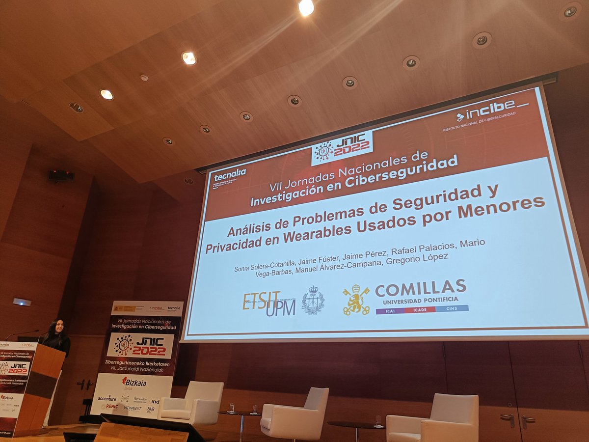 mcromerot's tweet photo. #JNIC2022 @jnic_conf Sonia Solera @La_UPM @UCOMILLAS expone un análisis realizado sobre problemas de #seguridad y #privacidad en #Wearables usados por #menores https://t.co/hMKTGXd9ll