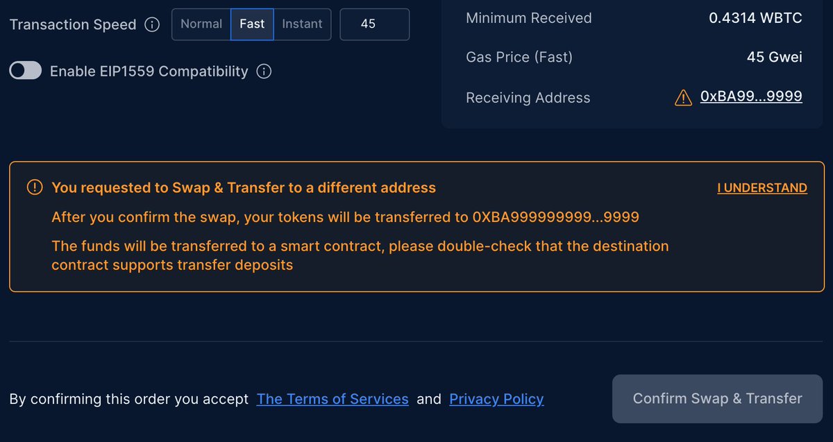 Dear <a href="/paraswap/">Velora (Moved to @VeloraDEX)</a>, could you please display the full address in the warning box? So that 0xWho can reverse resolve the address to a readable name, which I rely on it to confirm the address.