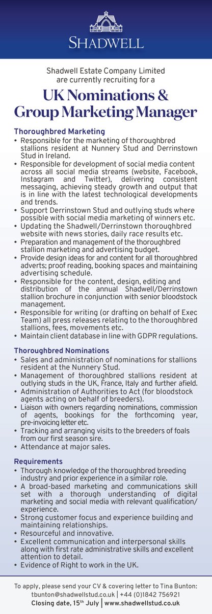 🚨 Job Alert 🚨

🇬🇧 UK Nominations &amp; Group Marketing Manager
at @ShadwellStud 

See below for the job description👇
📲 To apply, send your CV and covering letter to Tina Bunton 👉 tbunton@shadwellstud.co.uk #ReadAllAboutIt