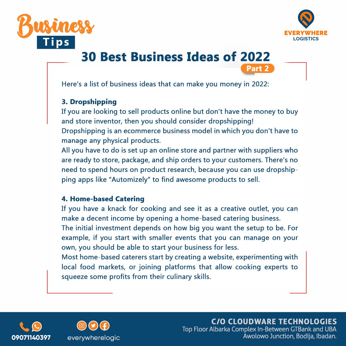 everywherelogic's tweet photo. Looking to start a business? 
Follow @everywherelogic for more business ideas.
#business
#businesstips
#everywherelogistics
#safedelivery
#ibadandispatchriders https://t.co/74CNV1s13f