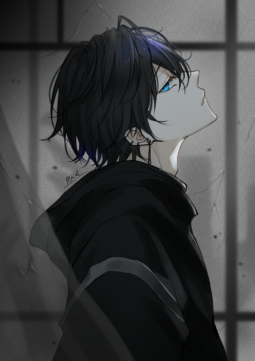1boy male focus blue eyes solo black hair hood looking at viewer  illustration images