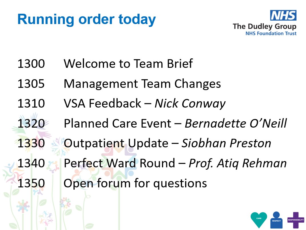 *Don't Forget* @DgftSwc team brief is going ahead today at 1pm, all are welcome to join in the Lecture Theatre CEC, on Teams (Link on the hub) or to watch the recording afterwards. Programme below. @DudleyGroupNHS @DudleyGroupCEO @MarySextonNHS @kkelly8963 @themeddirector
