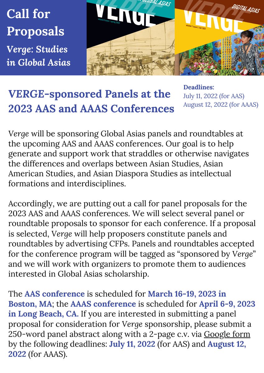 Verge: Studies in Global Asias is accepting panel proposals for 2023 AAS and AAAS conferences! The submission deadline is July 11, 2022 for AAS and August 12, 2022 for AAAS. Please submit via: forms.gle/y7ESDoriErn8M3…. We look forward to receiving your submissions!