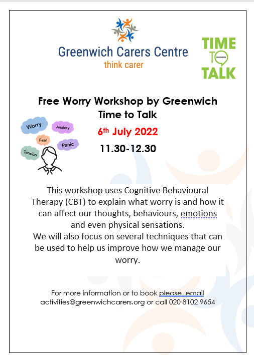 Greenwich Time to Talk will be running a Worry Workshop at Greenwich Carers Centre on 6th July from 11.30-12.30.
To book email activities@greenwichcarers.org or call 020 8102 9654 #greenwichtimetotalk #unpaidcarers #workshop