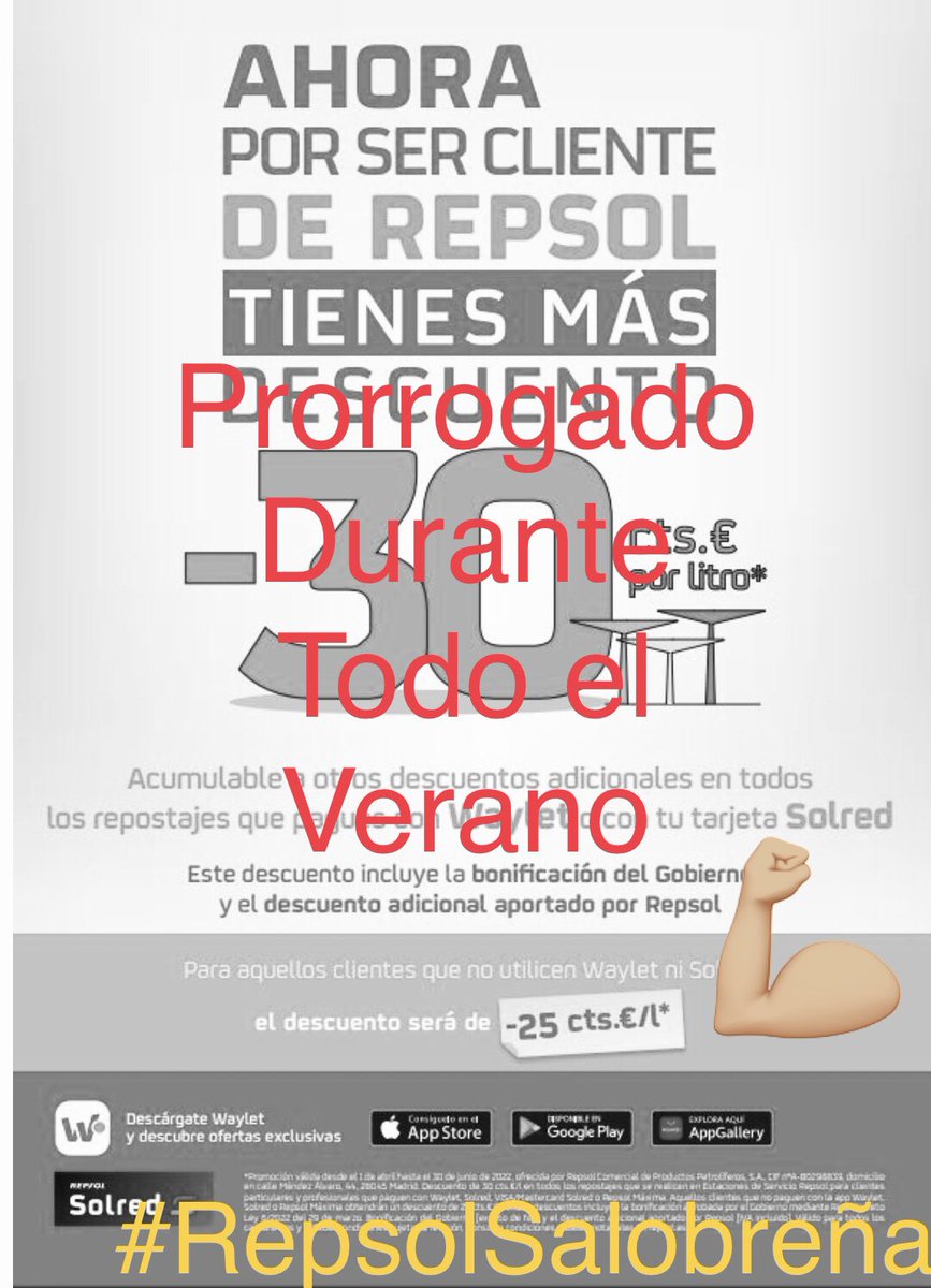 SalobrenaRepsol's tweet photo. Prorrogamos los descuentos durante todo el verano!!!😎😀💪🏼#descuentoscarburante #repsol https://t.co/6oK0ormmYd