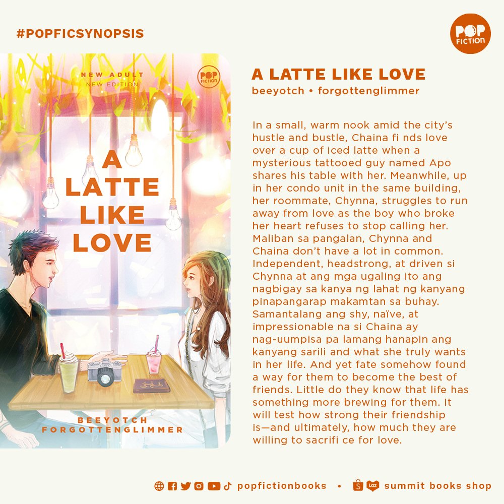 PopFictionBooks's tweet photo. Check out the #POPFICSYNOPSIS of A Latte Like Love by beeyotch and forgottenglimmer

Pop Fiction Originals
Taglish
P225

Grab your copy now!
Lazada: https://t.co/yjH9Ev68Tv
Shopee: https://t.co/pu9WdWpPX6 https://t.co/u2ZYXhYWNJ