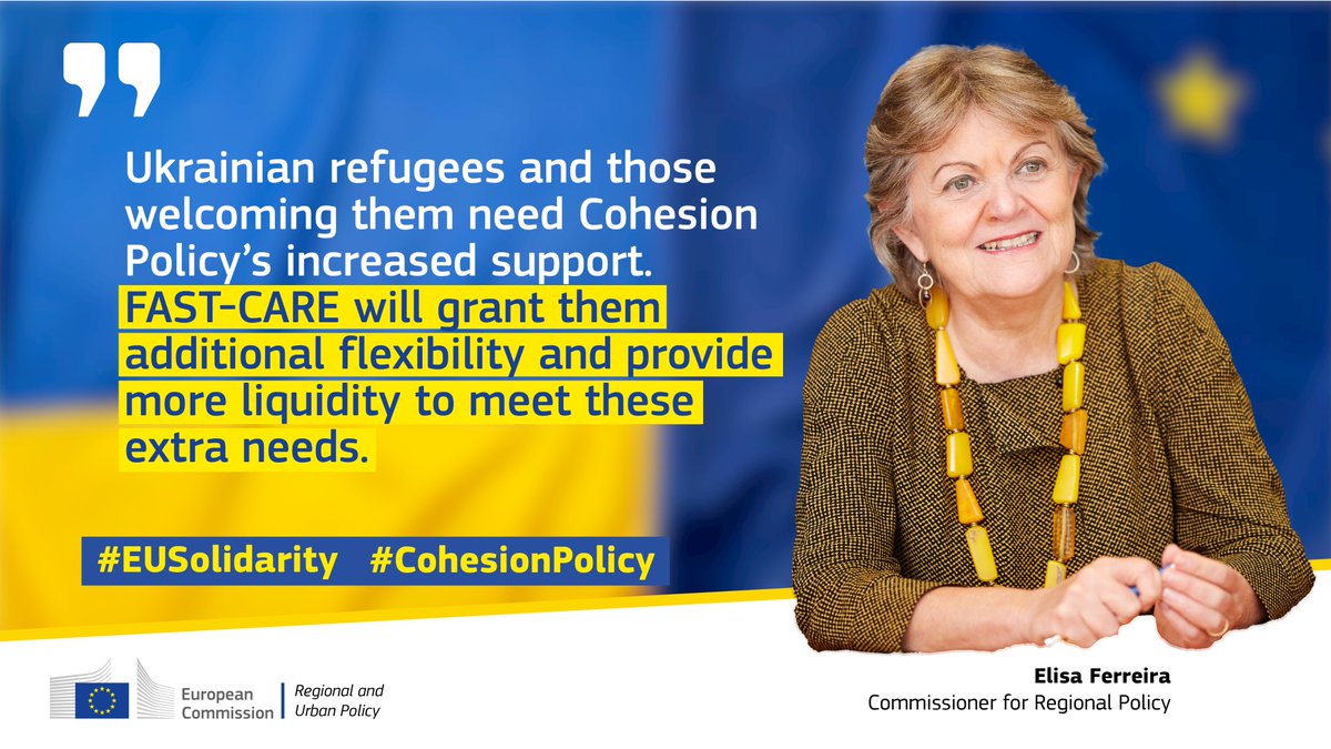 Given 🇷🇺 continued aggression, the needs to accommodate and integrate 🇺🇦 displaced people in Europe will increase.

Today, we are proposing to step up 🇪🇺 support under #Cohesion with FAST (Flexible Assistance to Territories) CARE to further assist Member States hosting them🧵
