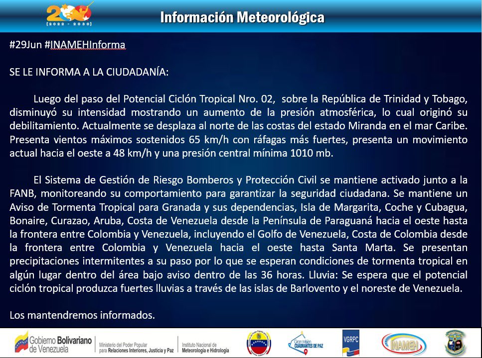 El sistema de prevención y gestión de riesgos de venezuela informa a la población que Luego del paso del Potencial Ciclón Tropical sobre Trinidad y Tobago, el mismo disminuyó su intensidad y originó su debilitamiento…