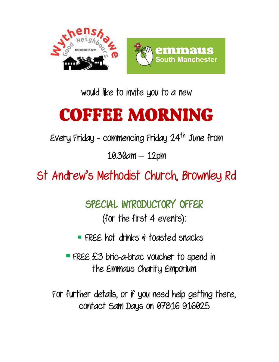 After a great first event last week, our over 50s Coffee Morning with @WGN_Community is back from 10:30am this Friday.

Please share with your family members, friends and neighbours in the #Wythenshawe area.

#MonthOfCommunity