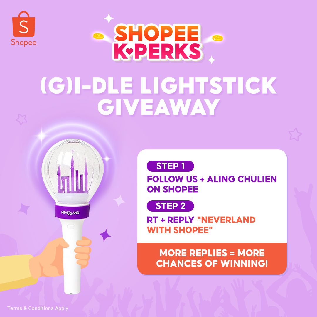 ShopeePH's tweet image. 🤟🏻 (G)I-DLE LIGHTSTICK GIVEAWAY 🤟🏻

Dahil palapit na ang concert ng (G)I-DLE dito sa PH 🤩

To join:
1. Follow us + this shop: shopee.ph/hi_chums
2. RT + Reply “NEVERLAND WITH SHOPEE”

Neverland, SALI NA!

#ShopeePH #ShopeeKPerks

T&amp;amp;Cs apply: shp.ee/zs3ymwr