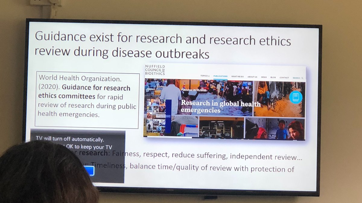 Nuffbioethics's tweet photo. Also fantastic to see our Research in Global Health Emergencies report up on the big screen at #OGHE22 as key source of guidance for research ethics during disease outbreaks #globalhealth #researchethics @WrightKatharine @michaelethox https://t.co/RY3Y93i1tZ