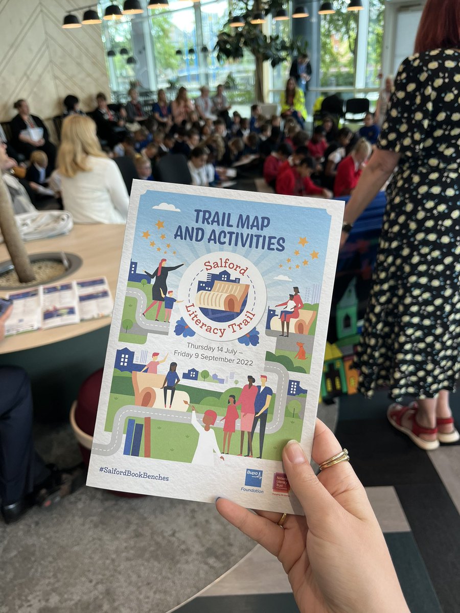 wildinart's tweet photo. We are at the school launch of the Salford Literacy Trail today! From 14 July, 20 BookBenches designed by local school children and artists will be in the open spaces of Salford 📚

#WildinArt #SalfordBookBenches https://t.co/yeCaL6sIXd