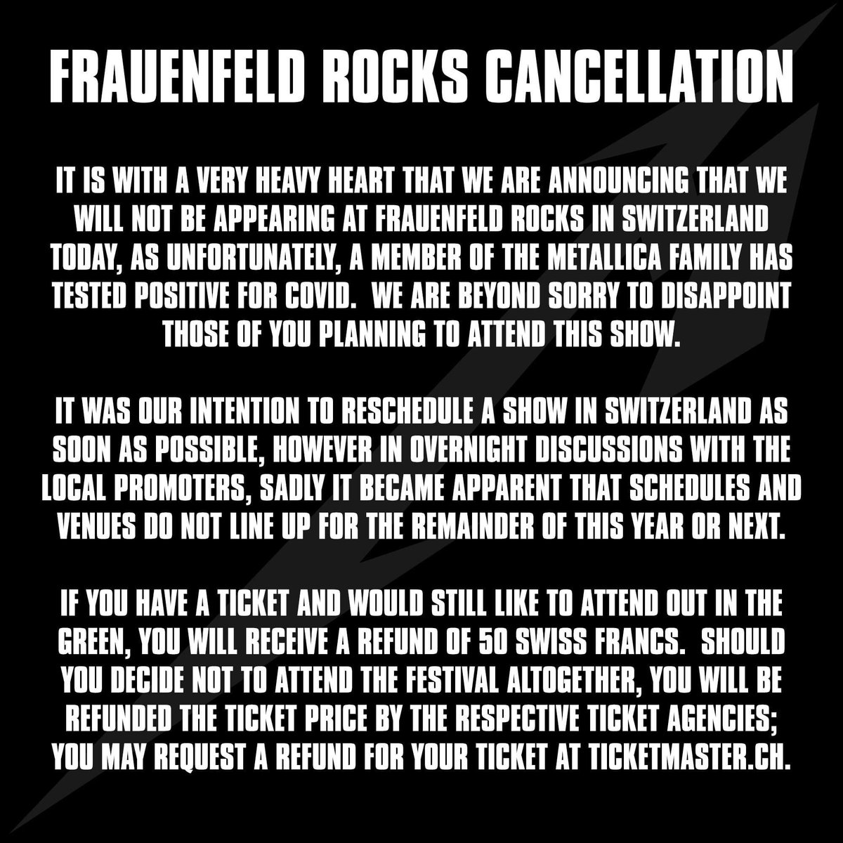 MetSince1981's tweet photo. METALLICA ANUNCIA LA CANCELACION DE SU PRESENTACION EN EL FRAUENFELD ROCKS.
#Metallica #OutInTheGreen #FrauenfeldRocks #FifthMember #MetFans #MetFamily #METALLICAMetalUpYourAss🗡🚽 https://t.co/AfYTyYmfGJ