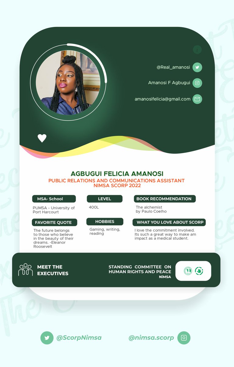 ScorpNimsa's tweet photo. Introducing our NiMSA SCORP Executives💚💚
Meet our Public Relations and Communications Assistant: Agbugui F. Amanosi
#knowyourexecutives
#NiMSASCORP https://t.co/ajNPdxYXnf